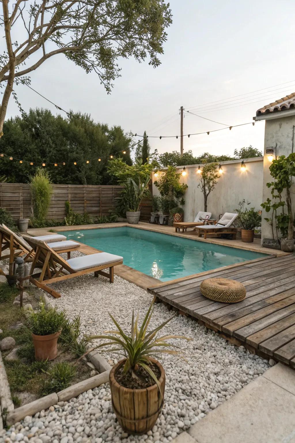 A rustic pool surround made with natural gravel.