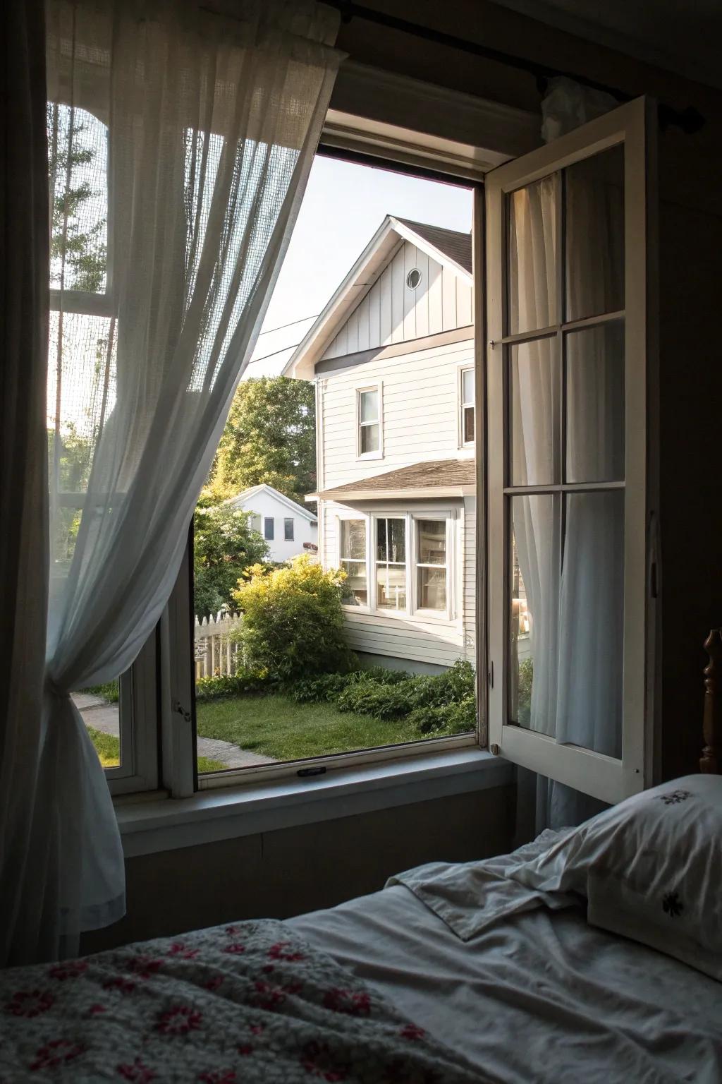 A bedroom window awkwardly facing directly into a neighbor's home.