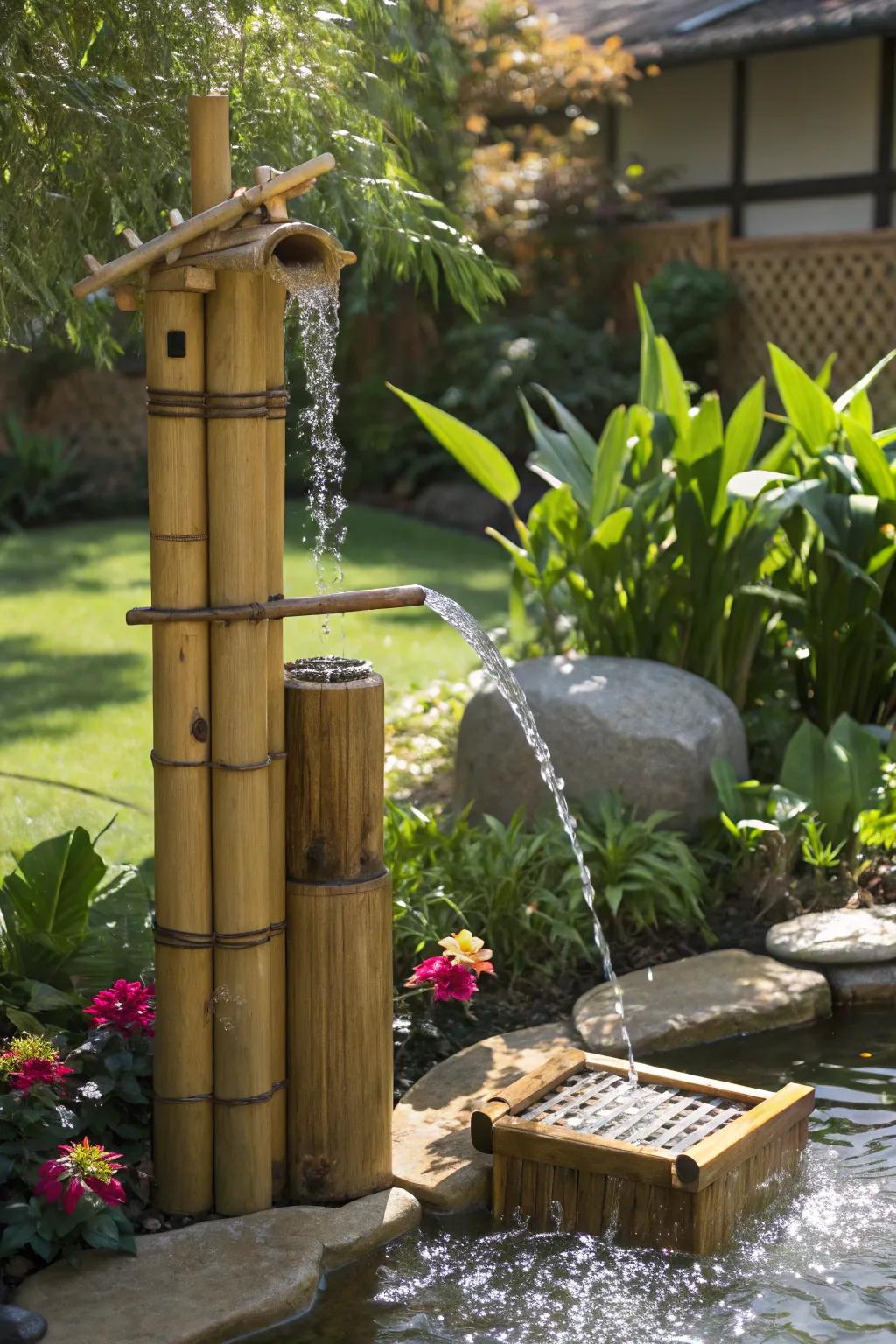 An eco-friendly solar-driven bamboo fountain basking in sunlight.