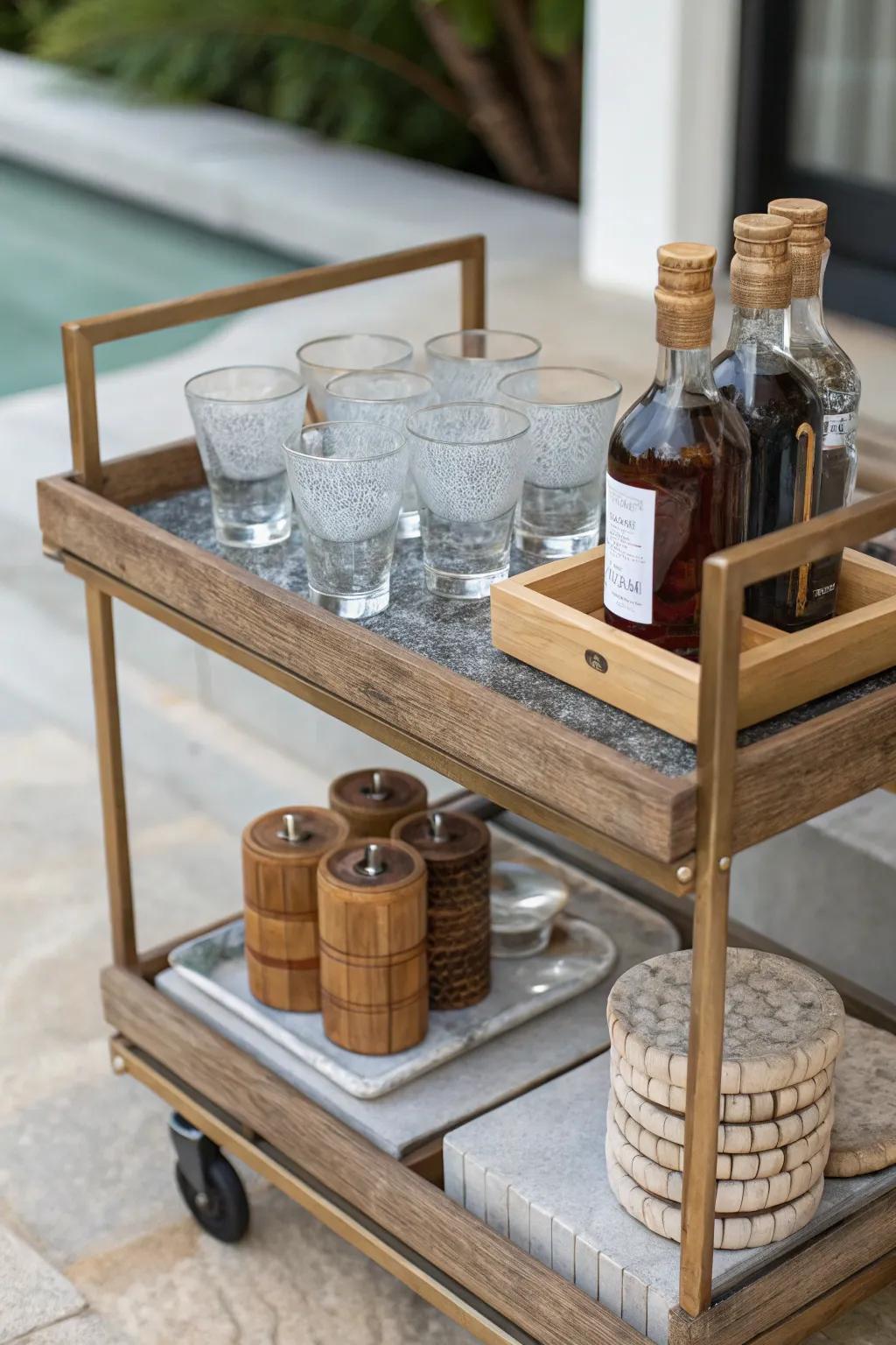 Natural elements bring serenity and grounding to the bar cart.