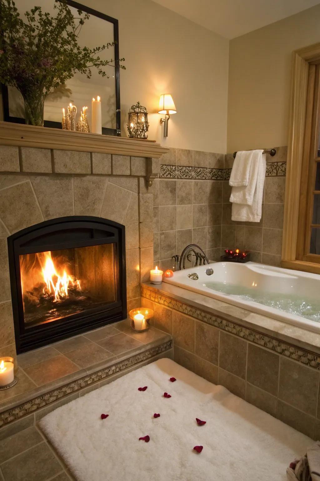 A fireplace by the bathtub adds warmth and luxury.