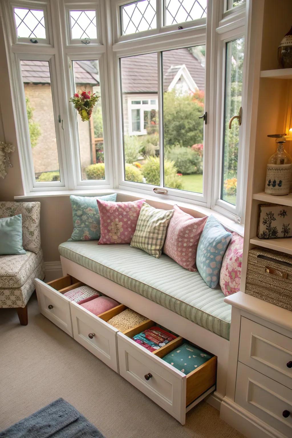 Hidden storage within cushions adds functionality to your bay window area.