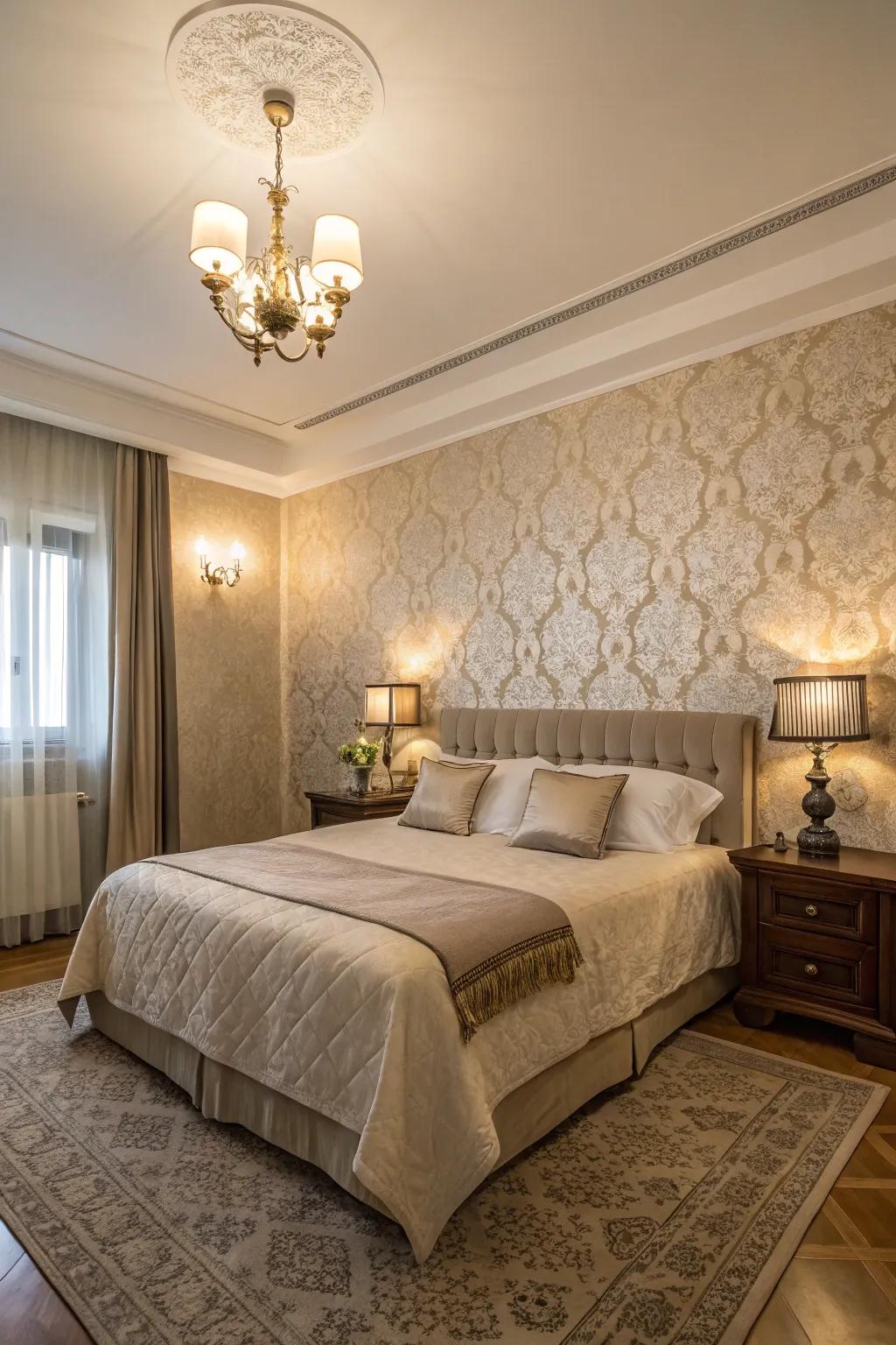 Patterned wallpaper adds visual depth to the bedroom.