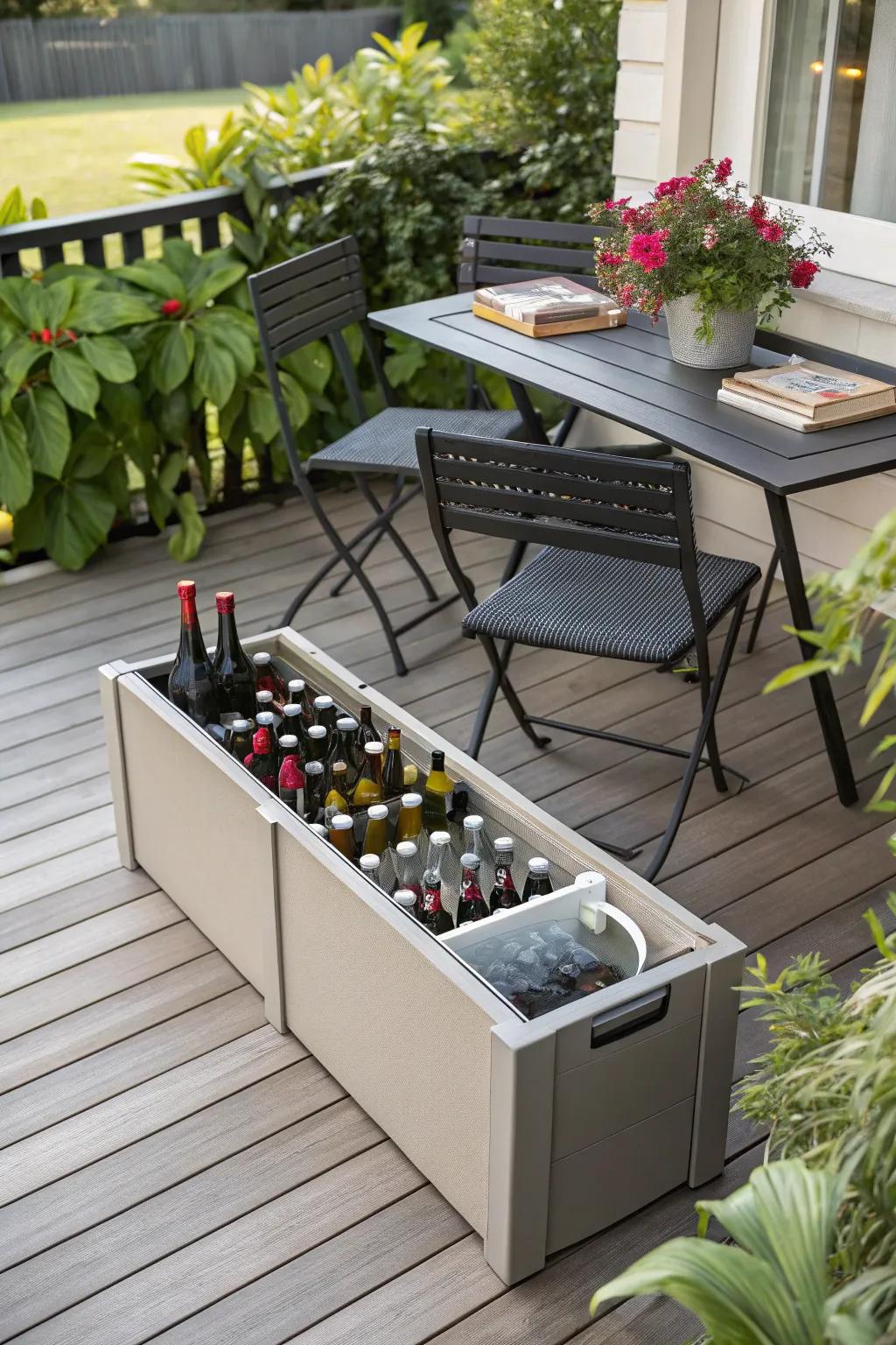 A storage bench on the patio containing beer bottles.