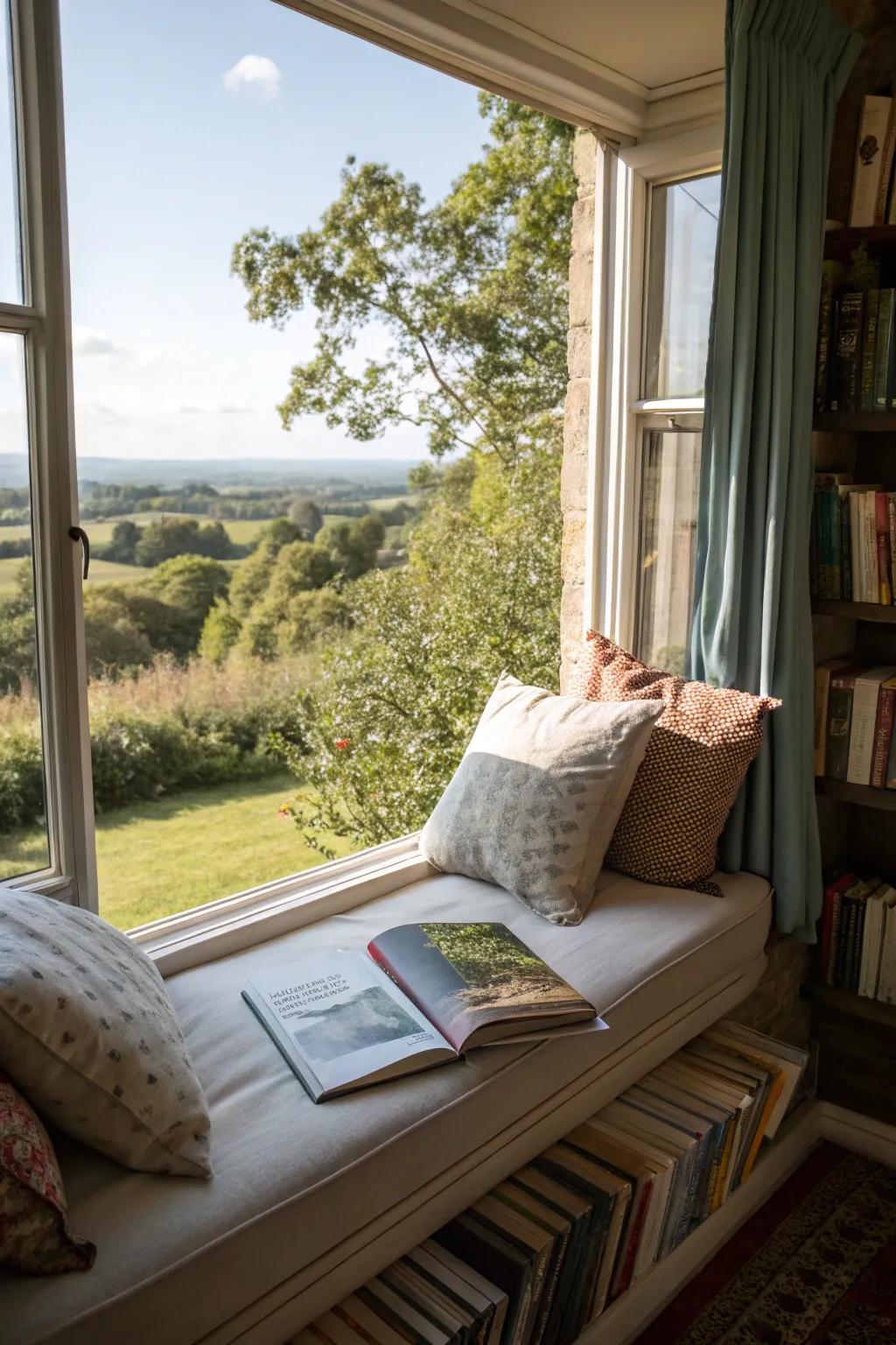 A window seat with cushions makes for a perfect reading nook.