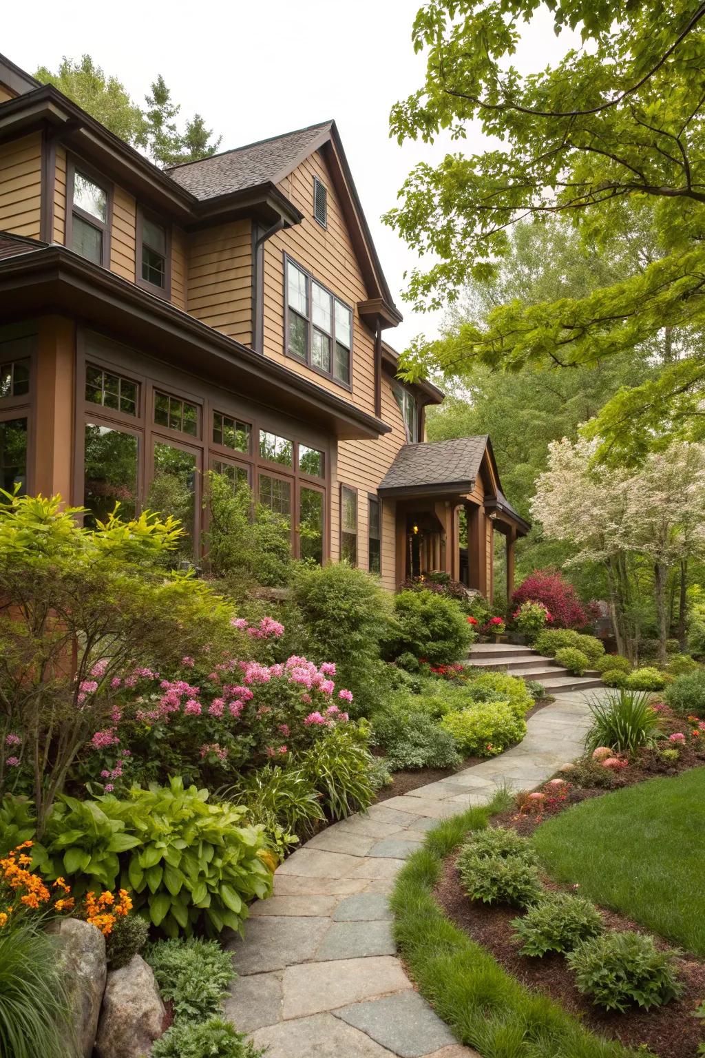 A charming exterior with warm brown trim.