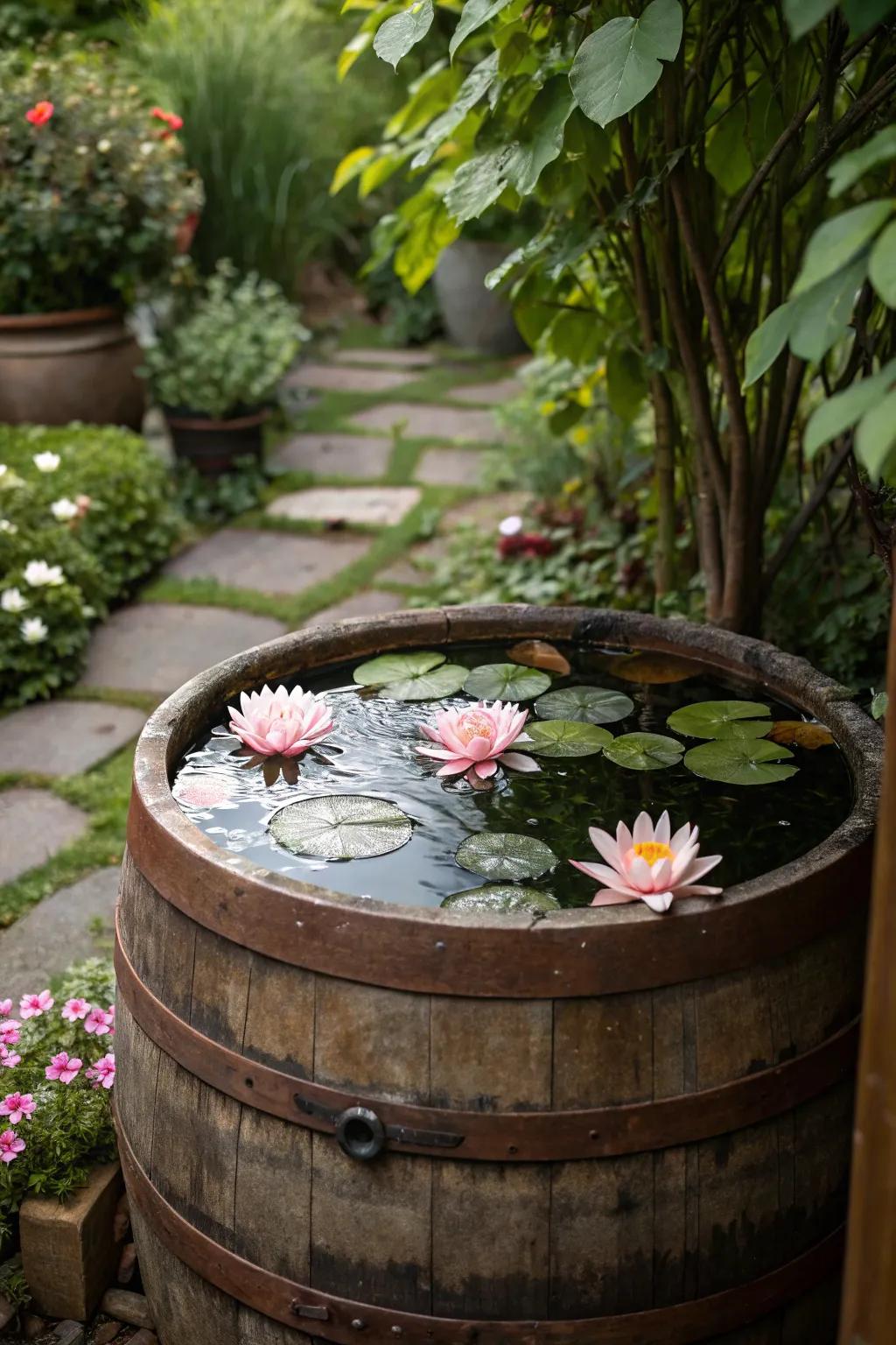 A tranquil whiskey barrel water garden with serene water lilies.