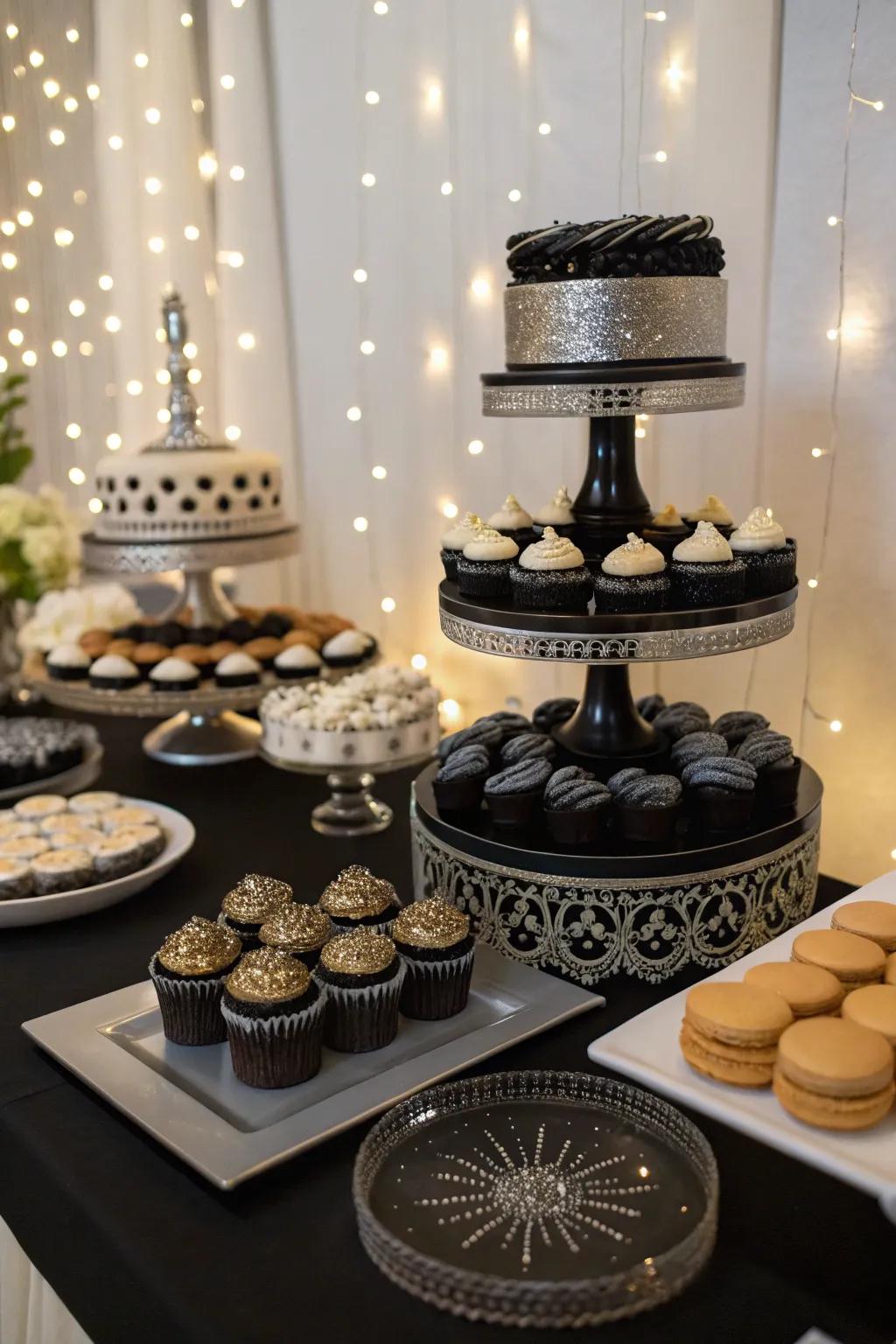 An inviting dessert table with elegant lighting.