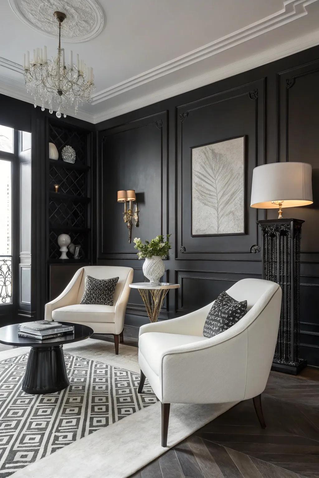 Striking monochrome palette in a black and white room.