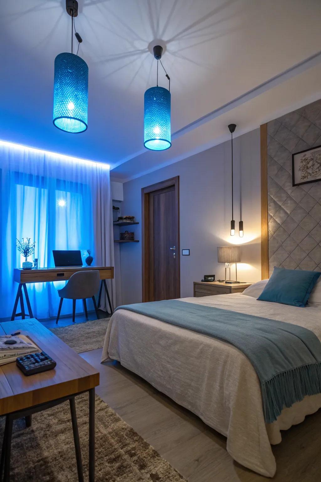 Blue lighting fixtures add a modern touch.