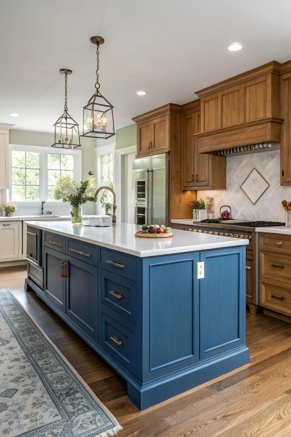 A blue island bridges traditional and modern kitchen styles.