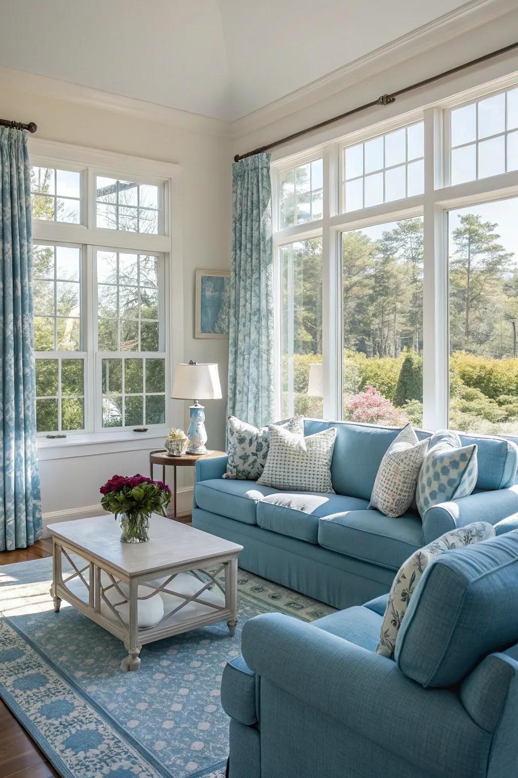 Natural light enhances the beauty of blue tones in this airy living room.