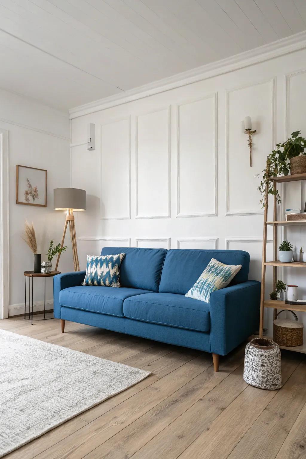 The blue settee is highlighted through a minimalist design.