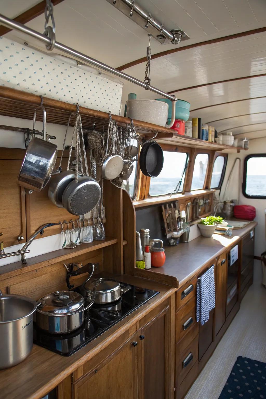 Suspended racking within a vessel's galley.