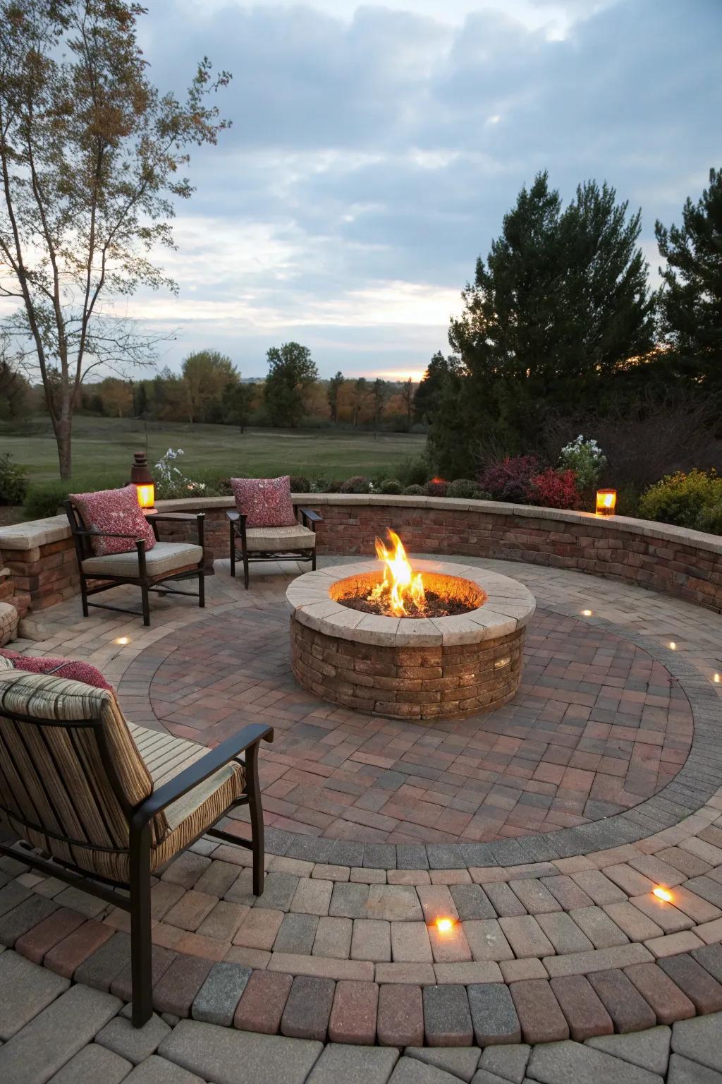 A circular brick area around a fire pit invites warmth and social gatherings.