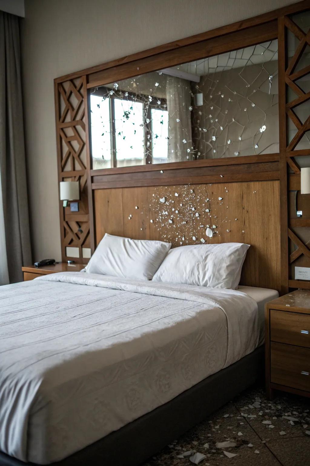 A mirror headboard adds elegance and light to the bedroom.