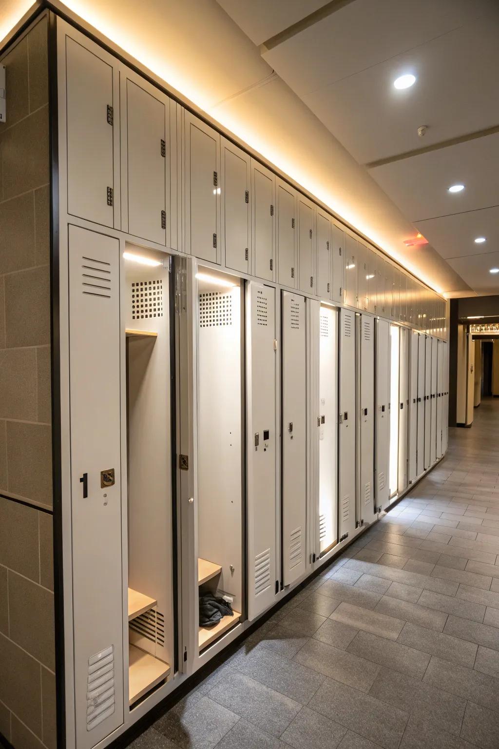 Integrated lighting enhances built-in lockers.