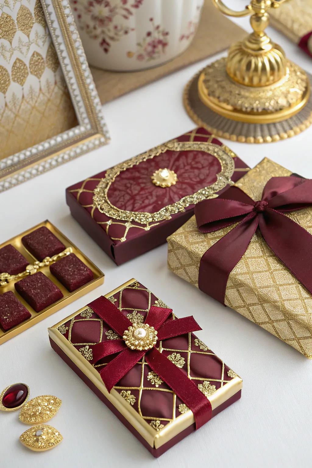 Unique party favors in burgundy and gold offer a memorable takeaway.