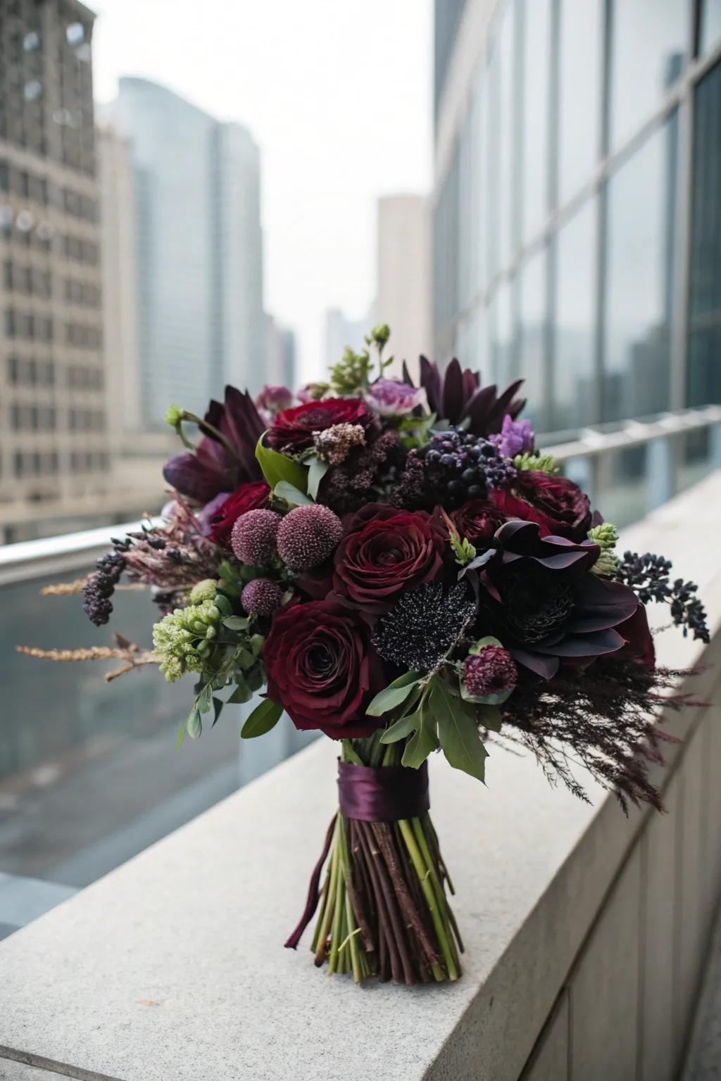 Moody bouquet with burgundy, purple, and black flowers.