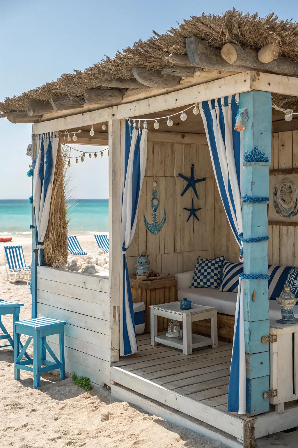 A relaxing beachside cabana with a nautical theme.