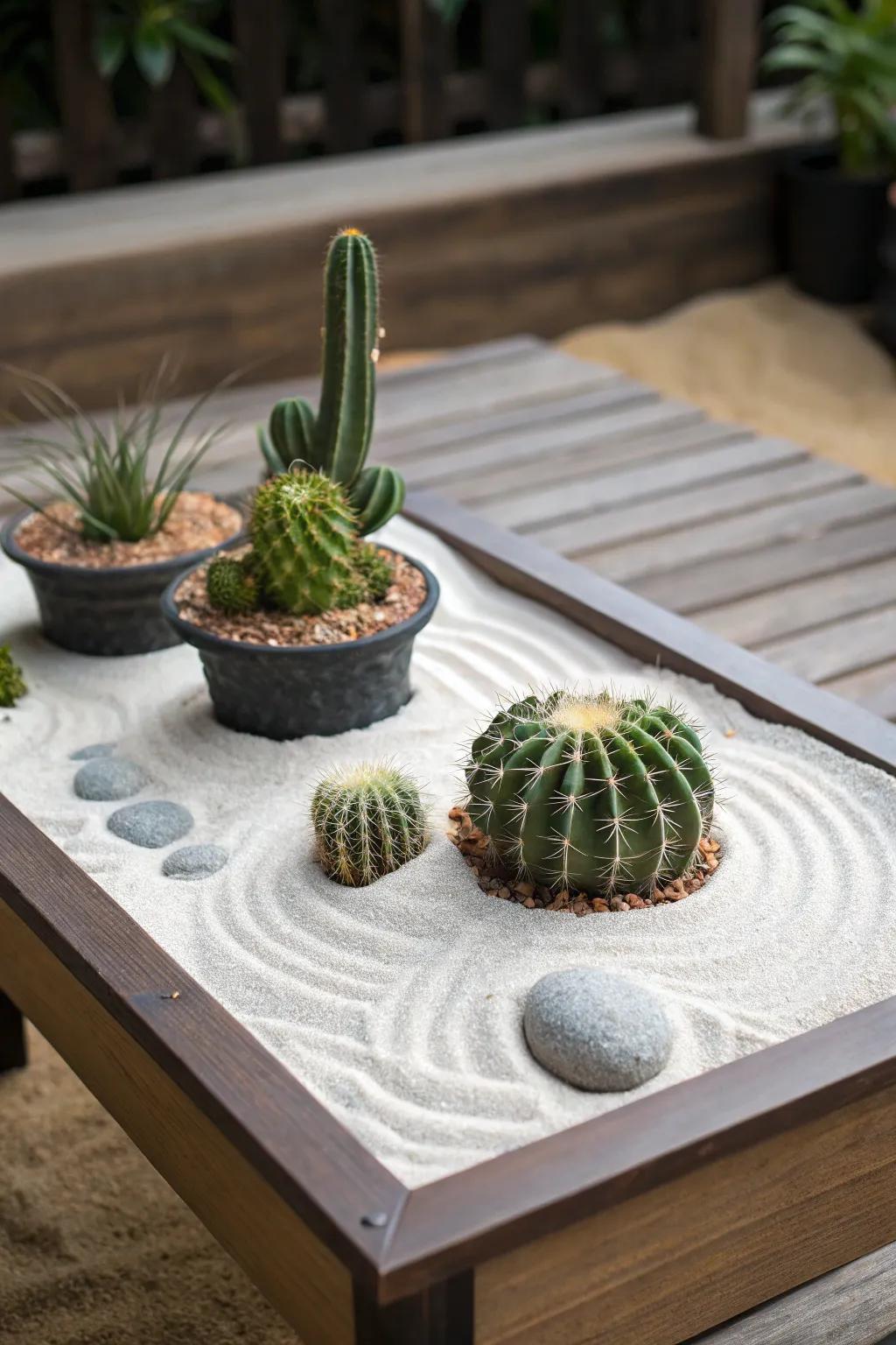 A zen garden with cacti offers a soothing and serene centerpiece.