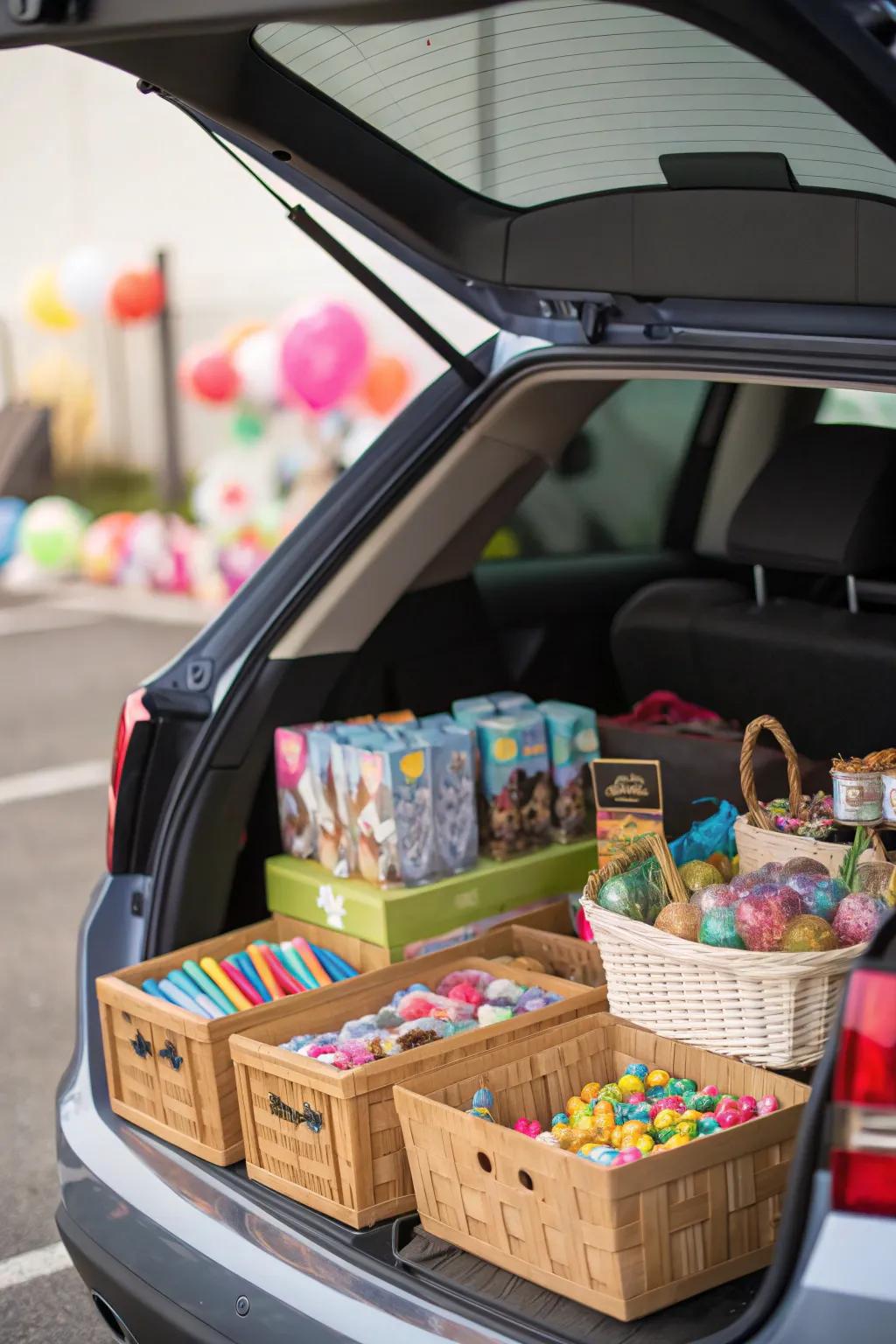 A prize booth trunk, inviting guests to win small toys and treats.