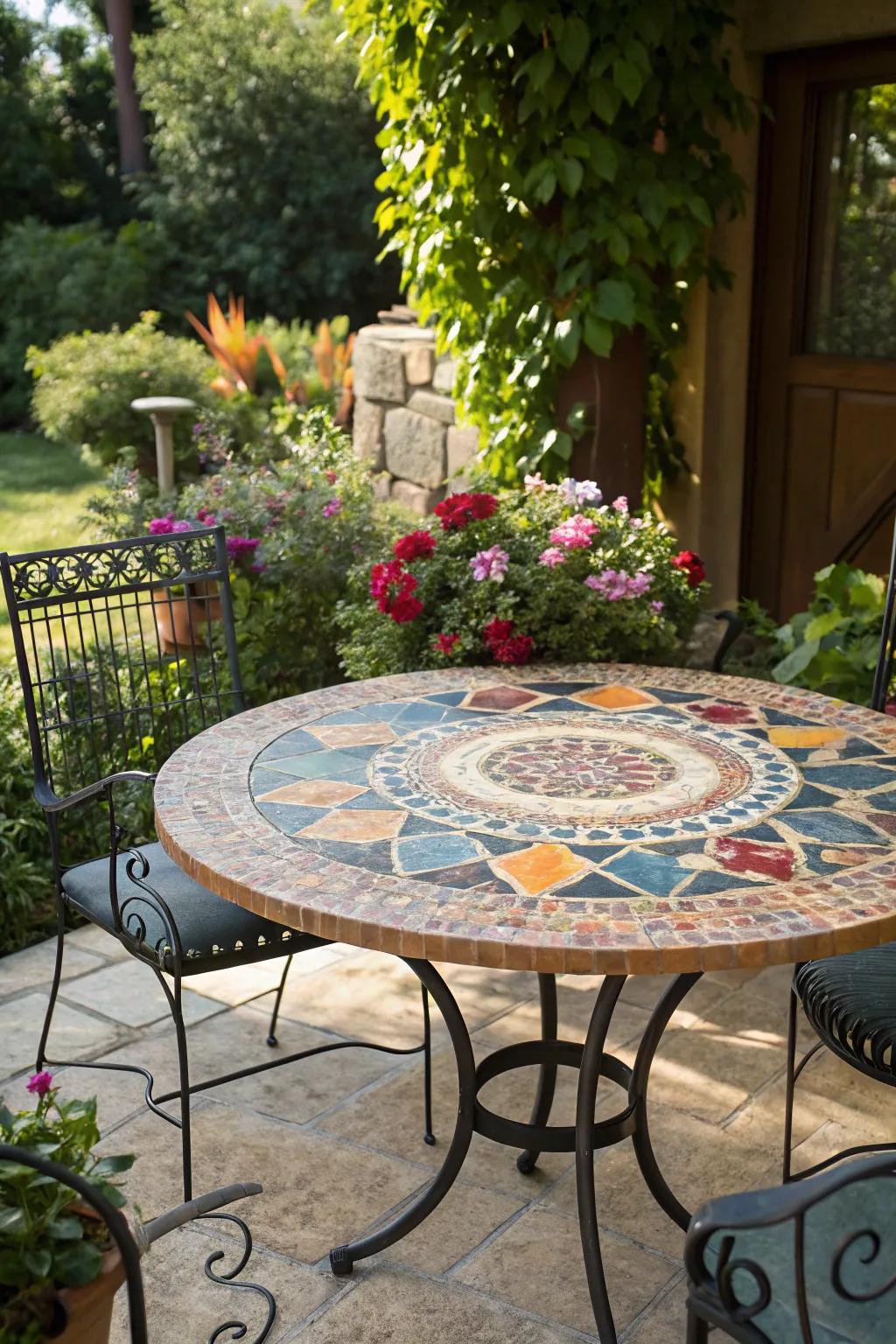 A mosaic tabletop adds artistic flair to your patio.