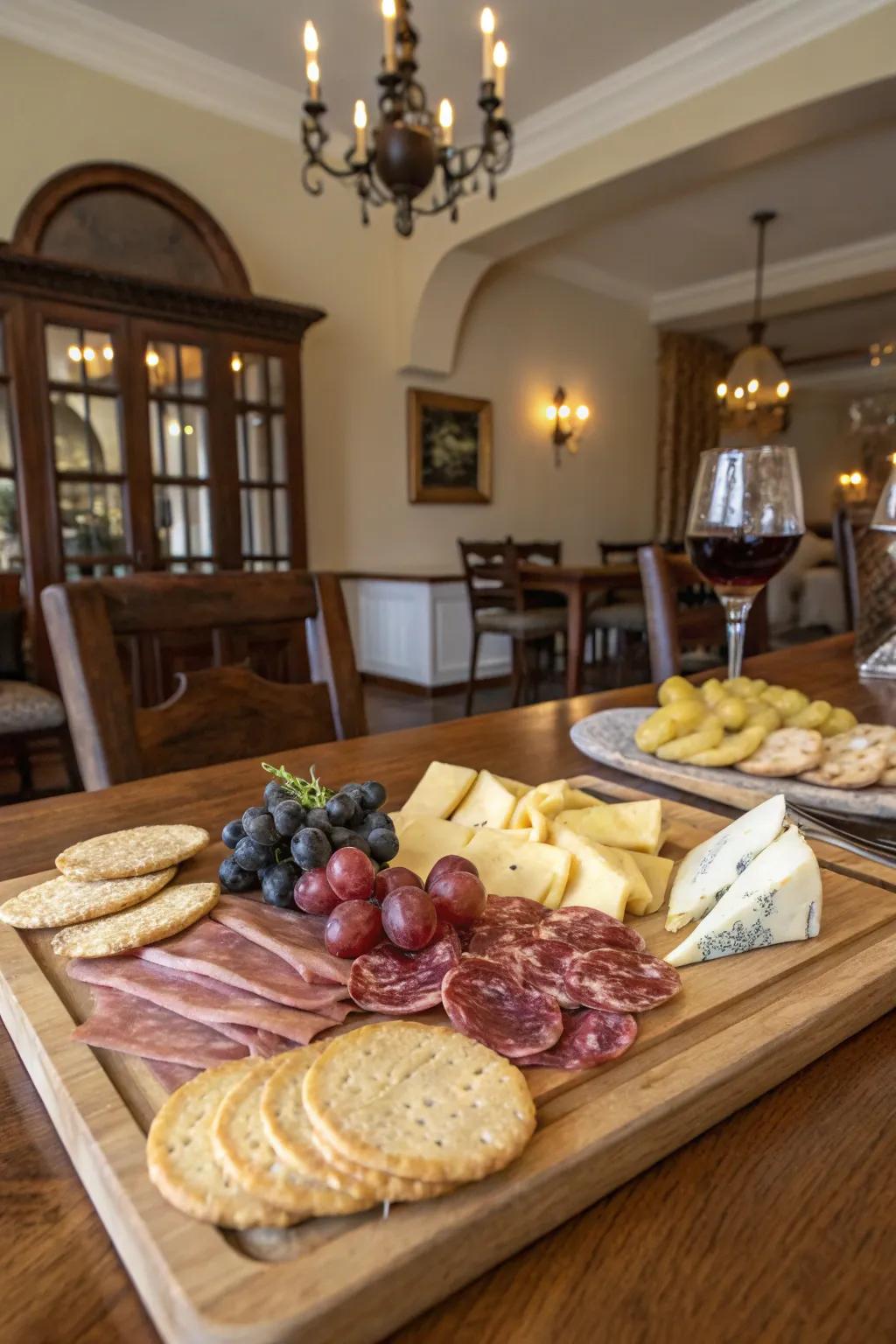 A cheese board enhanced with cured meats.
