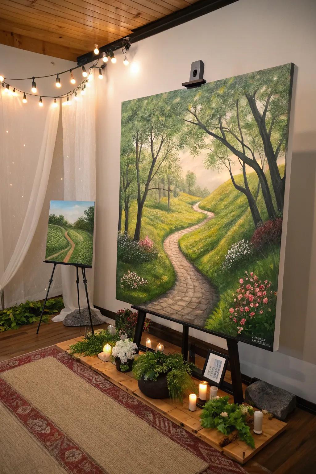 A path painting invites reflection and symbolizes spiritual journeys.