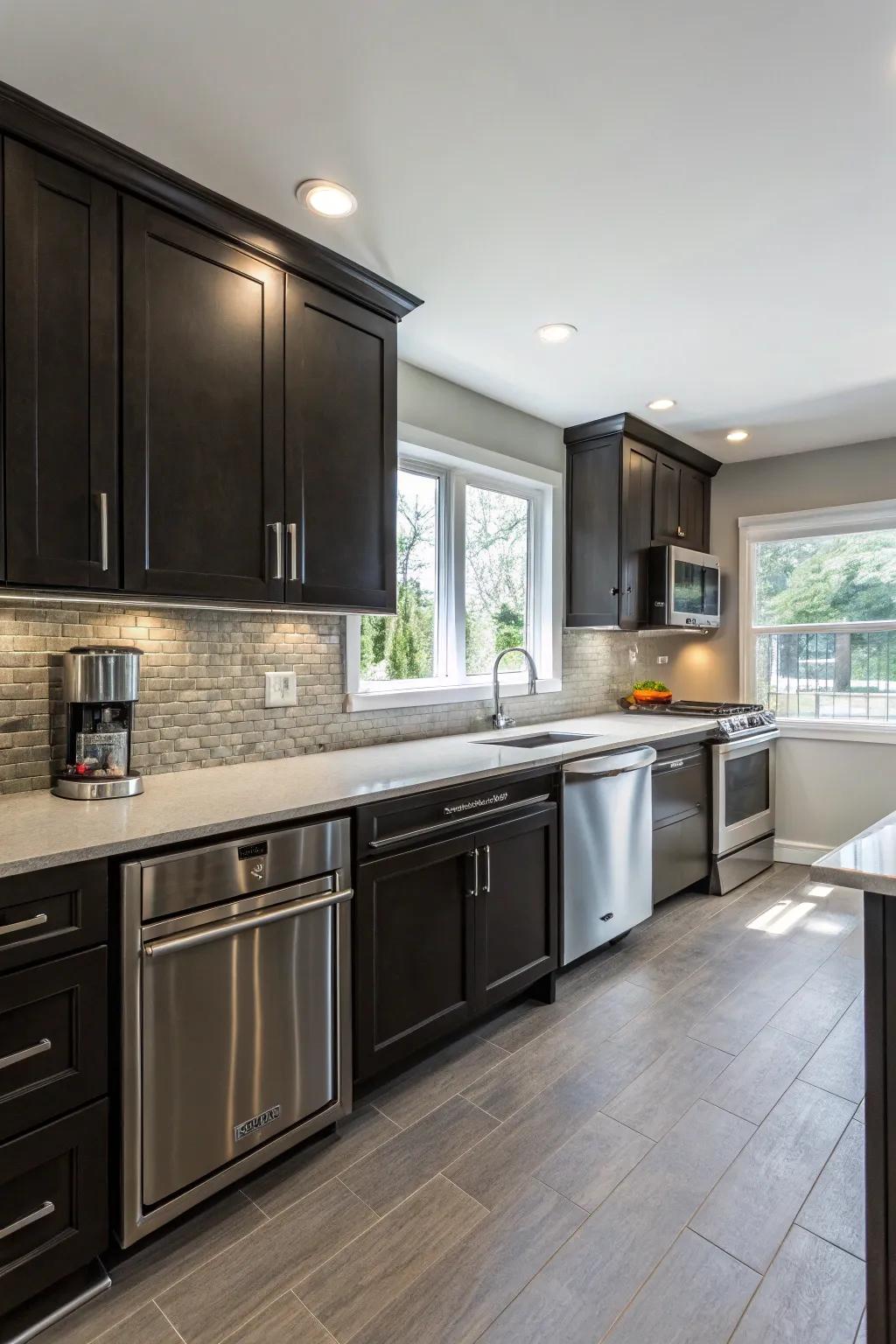 Dark cabinets harmonized with stainless steel appliances for a modern kitchen look.