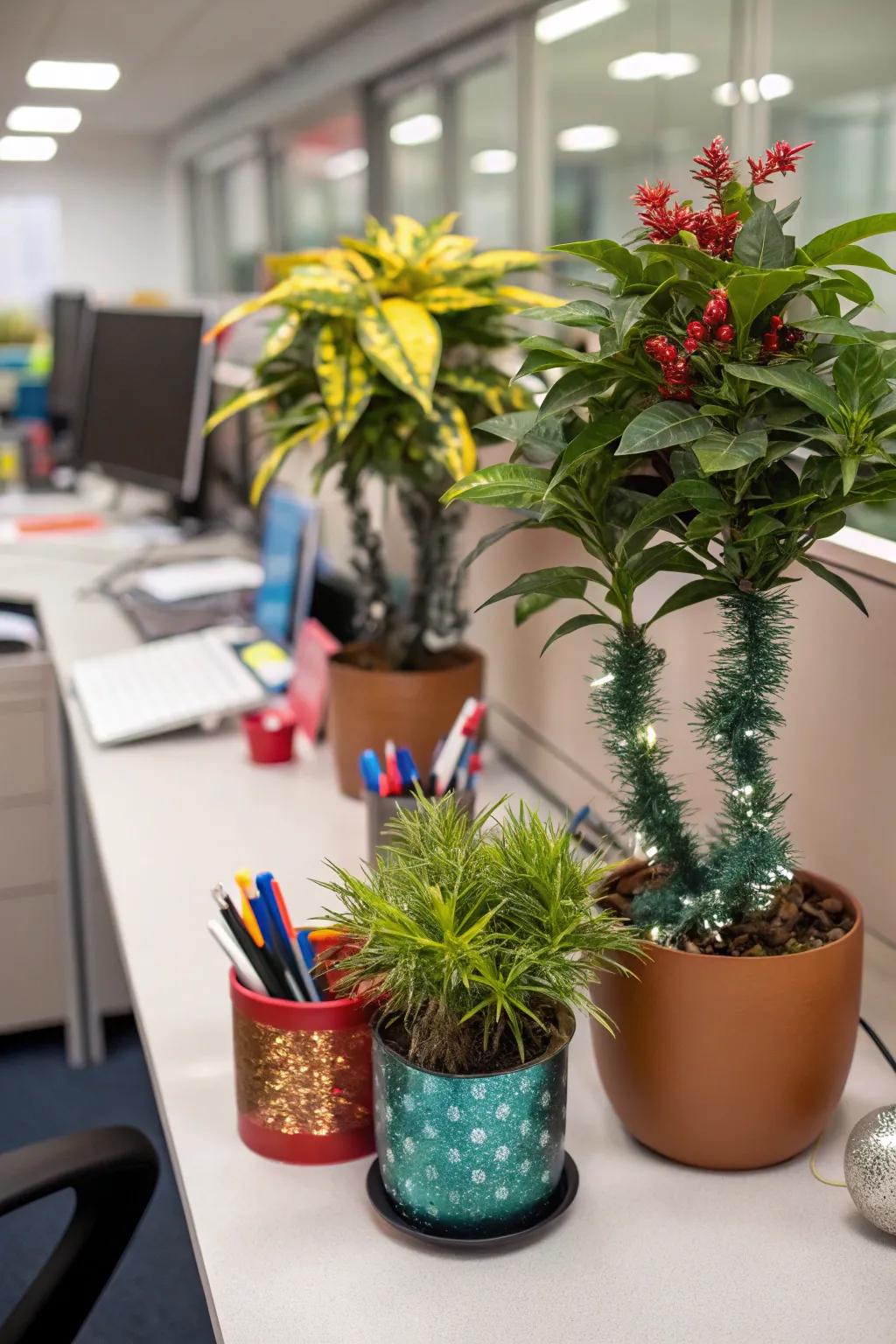 Transform desk plants with festive decor for a holiday touch.