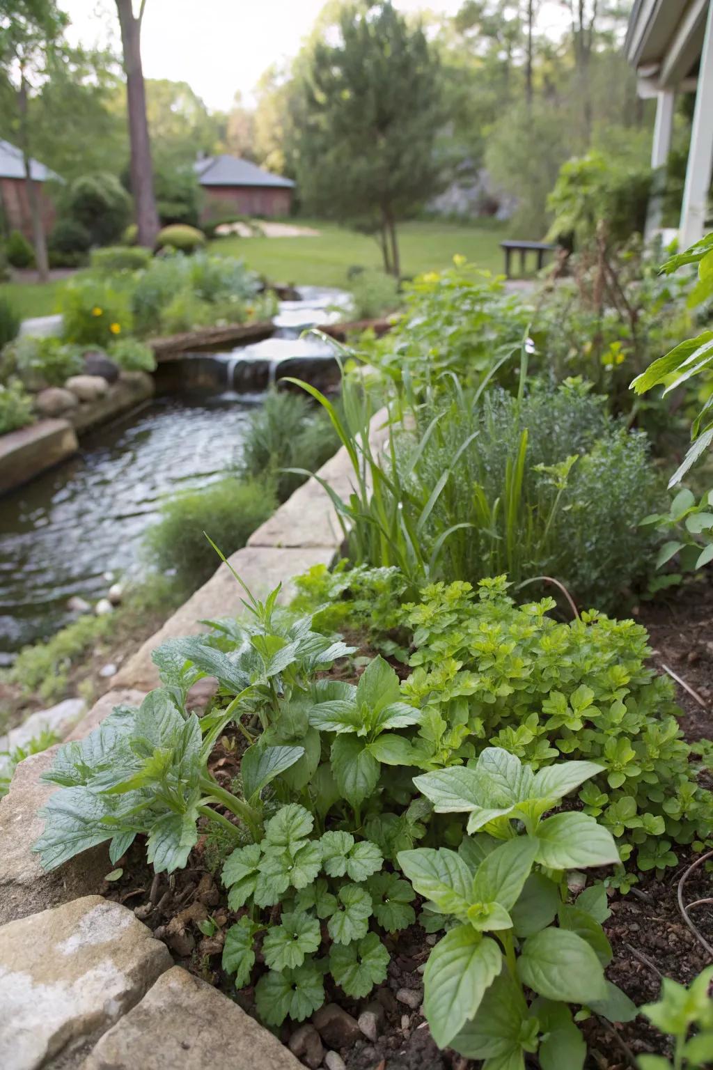 Edible plants thrive by the creek, offering fresh ingredients for your kitchen.