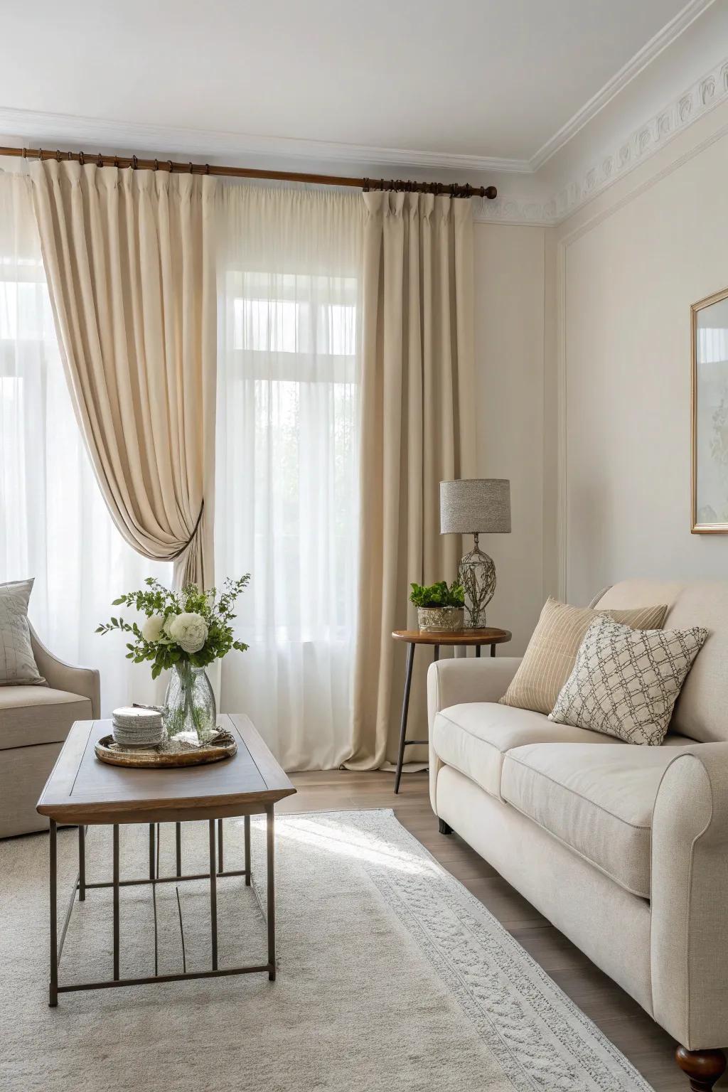 Realize chic simplicity through neutral-toned valances within your living room.