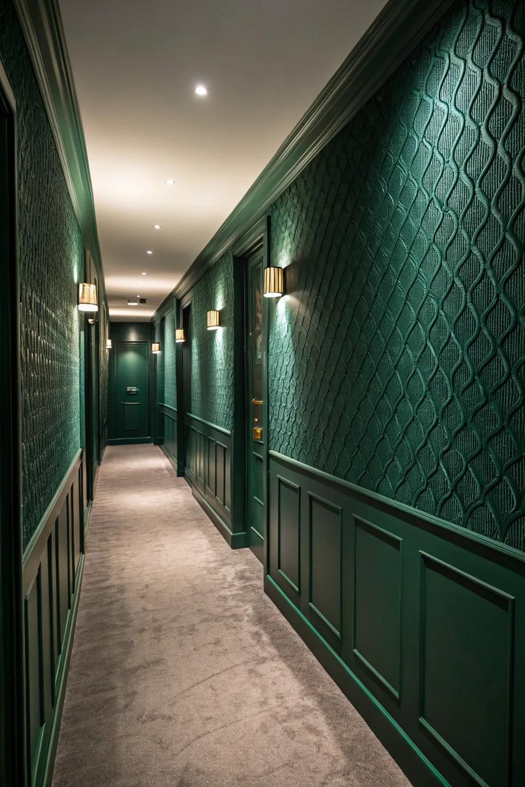 Textured walls add intrigue to the forest green hallway.