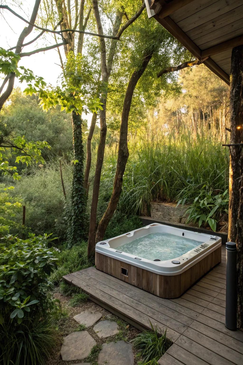 A natural nook provides an intimate and serene hot tub retreat.