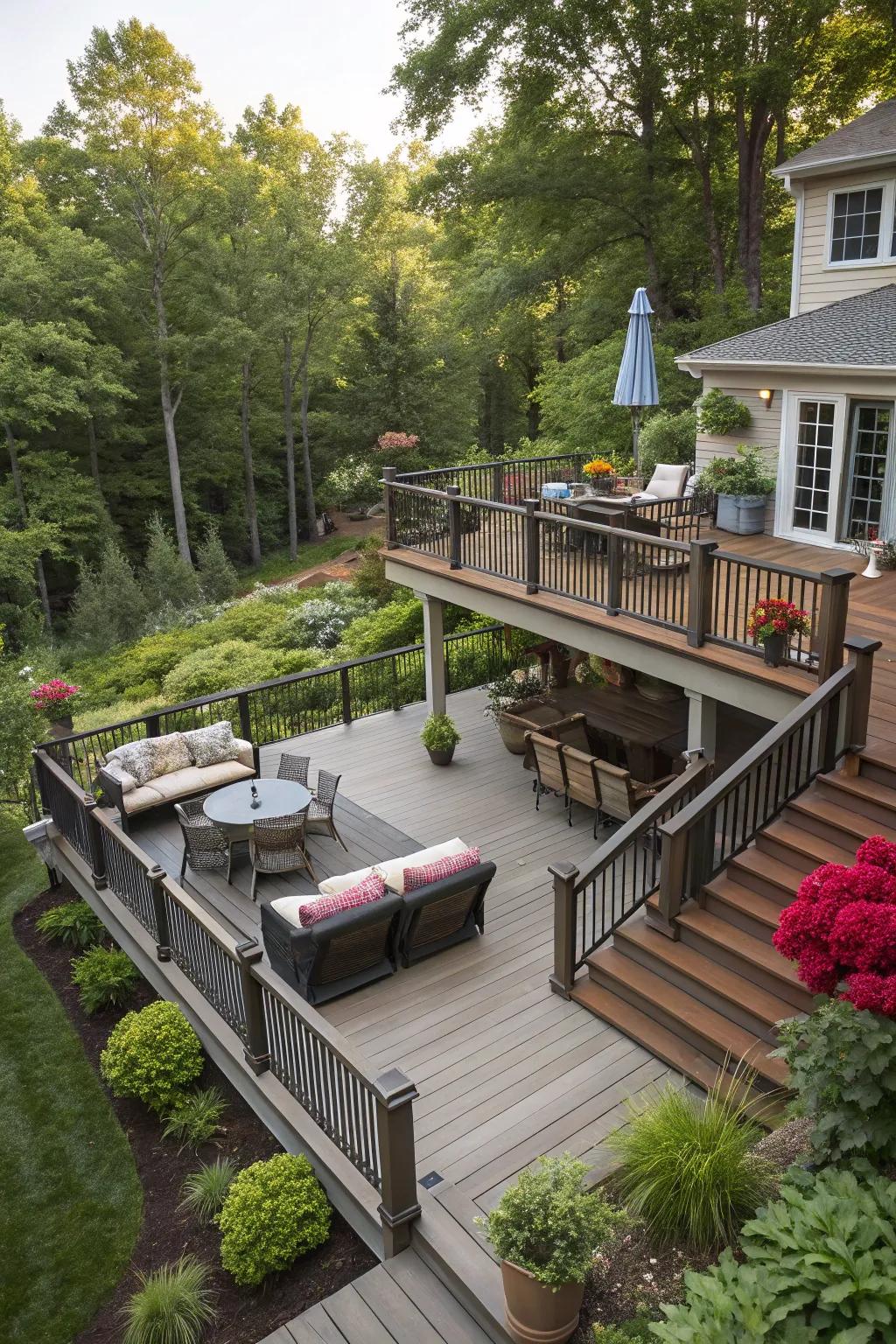 A multi-level design creates diverse spaces for relaxation and entertainment.