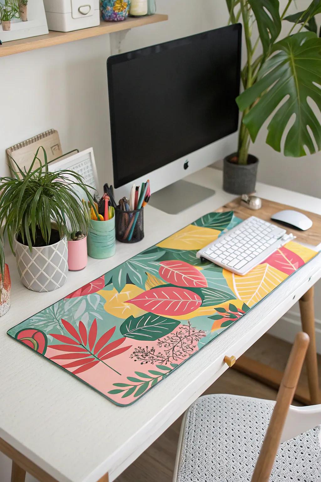 A desk pad unifying the desk decor with a splash of color.