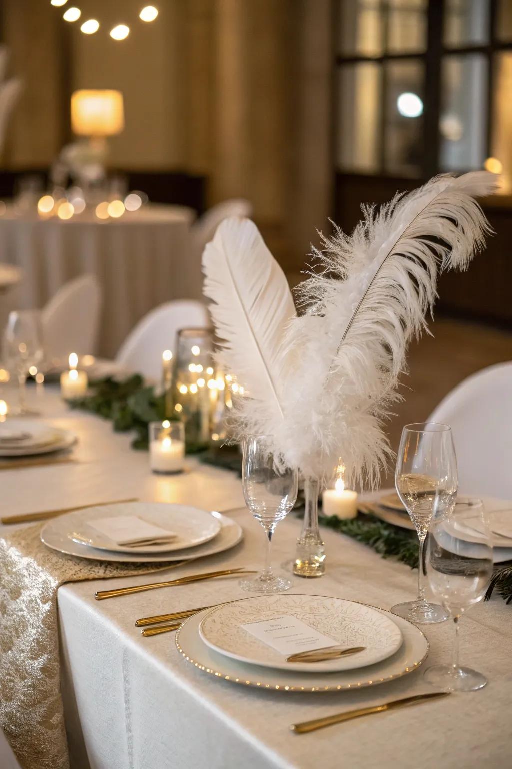 Ivory plume embellishments append a hint of whimsy and sophistication.
