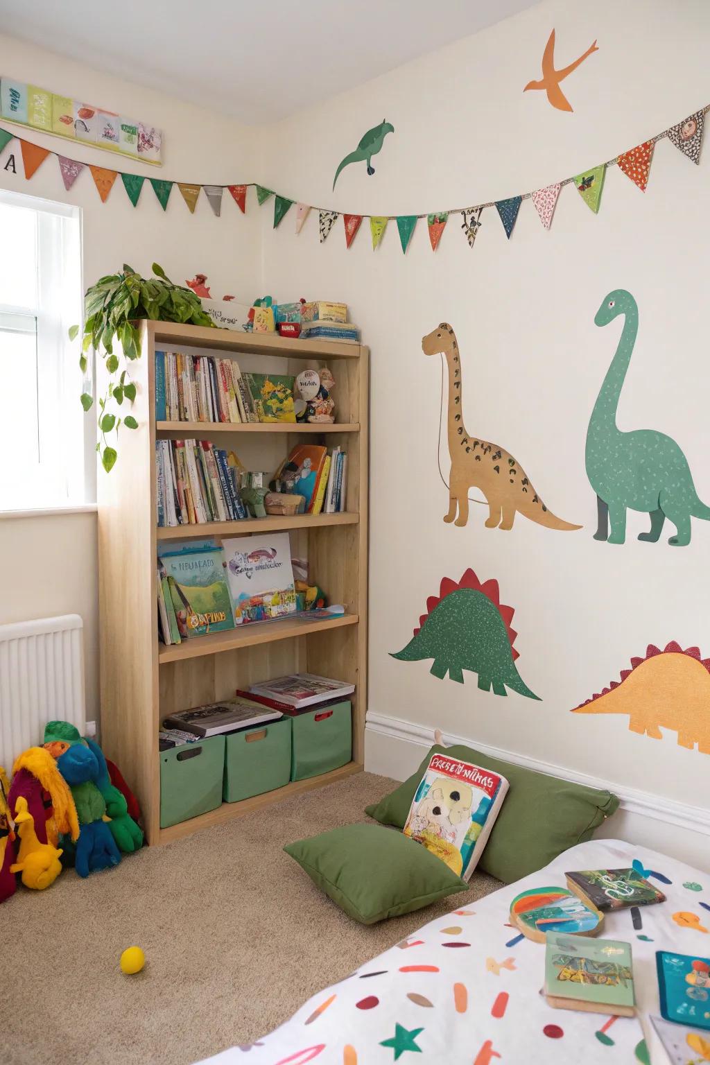 A dinosaur-themed bookshelf that encourages reading and learning.