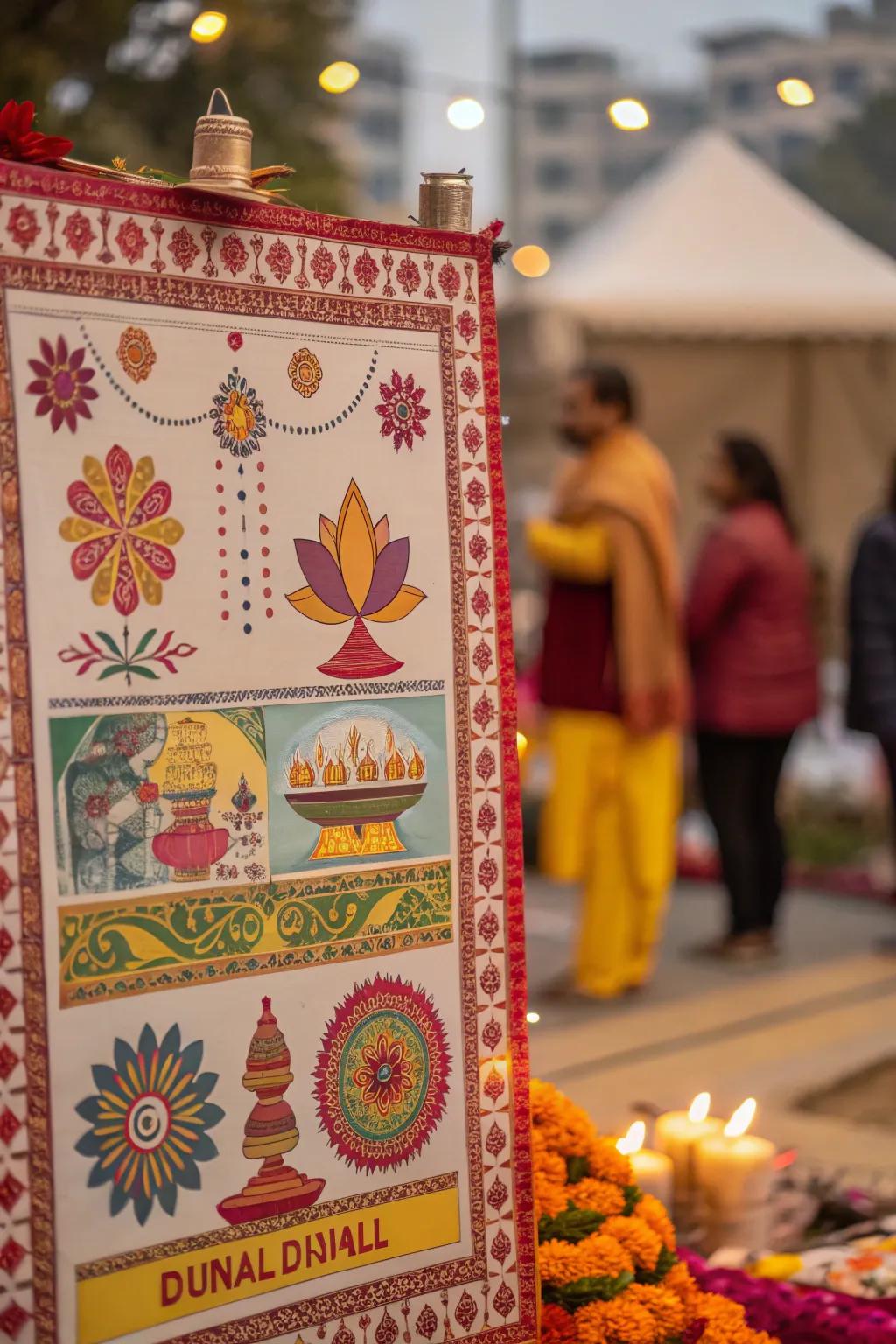 An elegant Diwali poster detailed with ornate outlines.