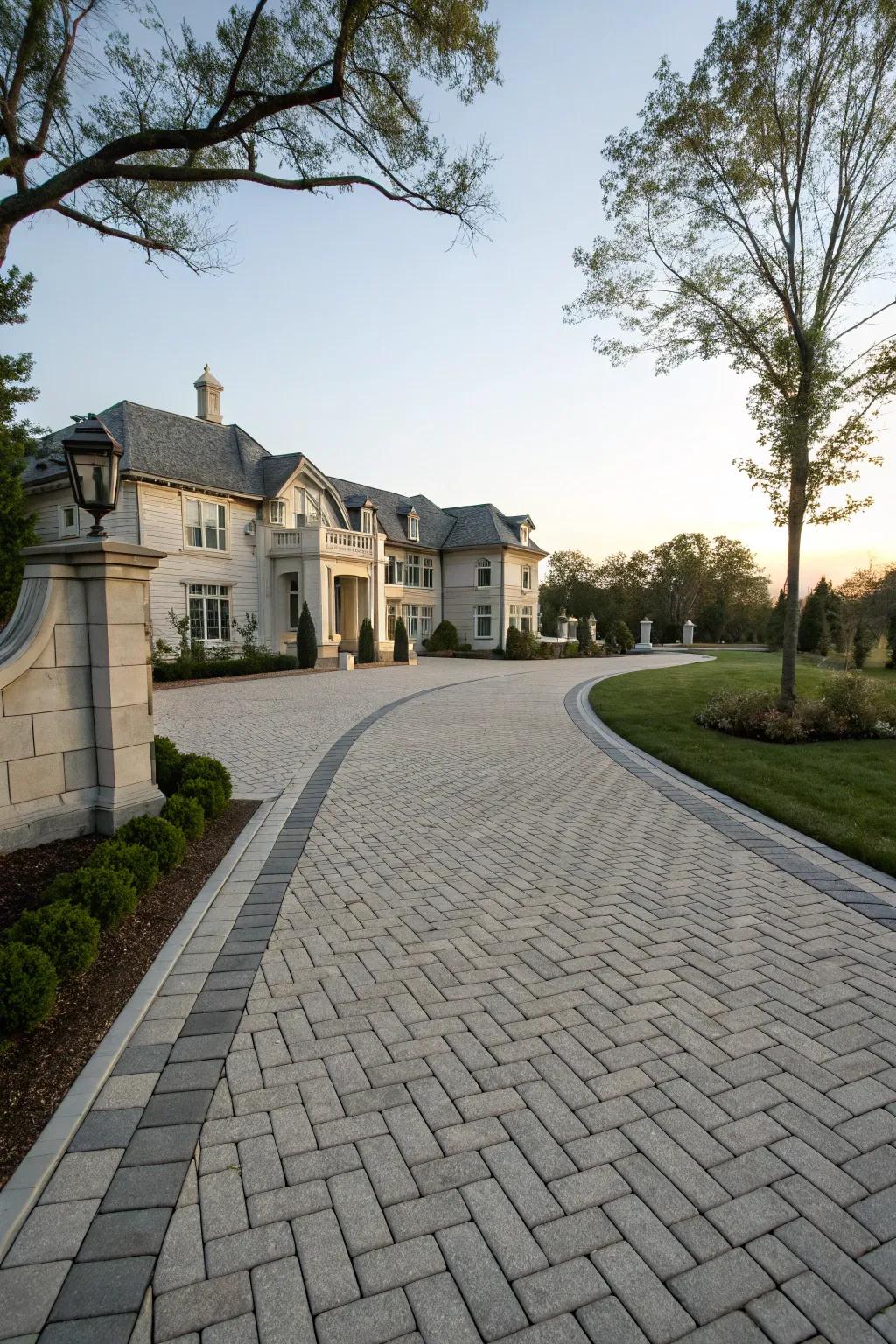 Order and harmony with symmetrical paver patterns on a stately driveway.