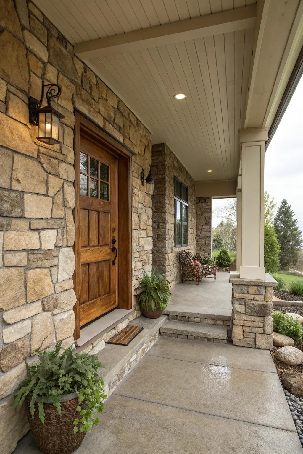 A subtle stone feature wall that enhances the porch's aesthetic appeal.