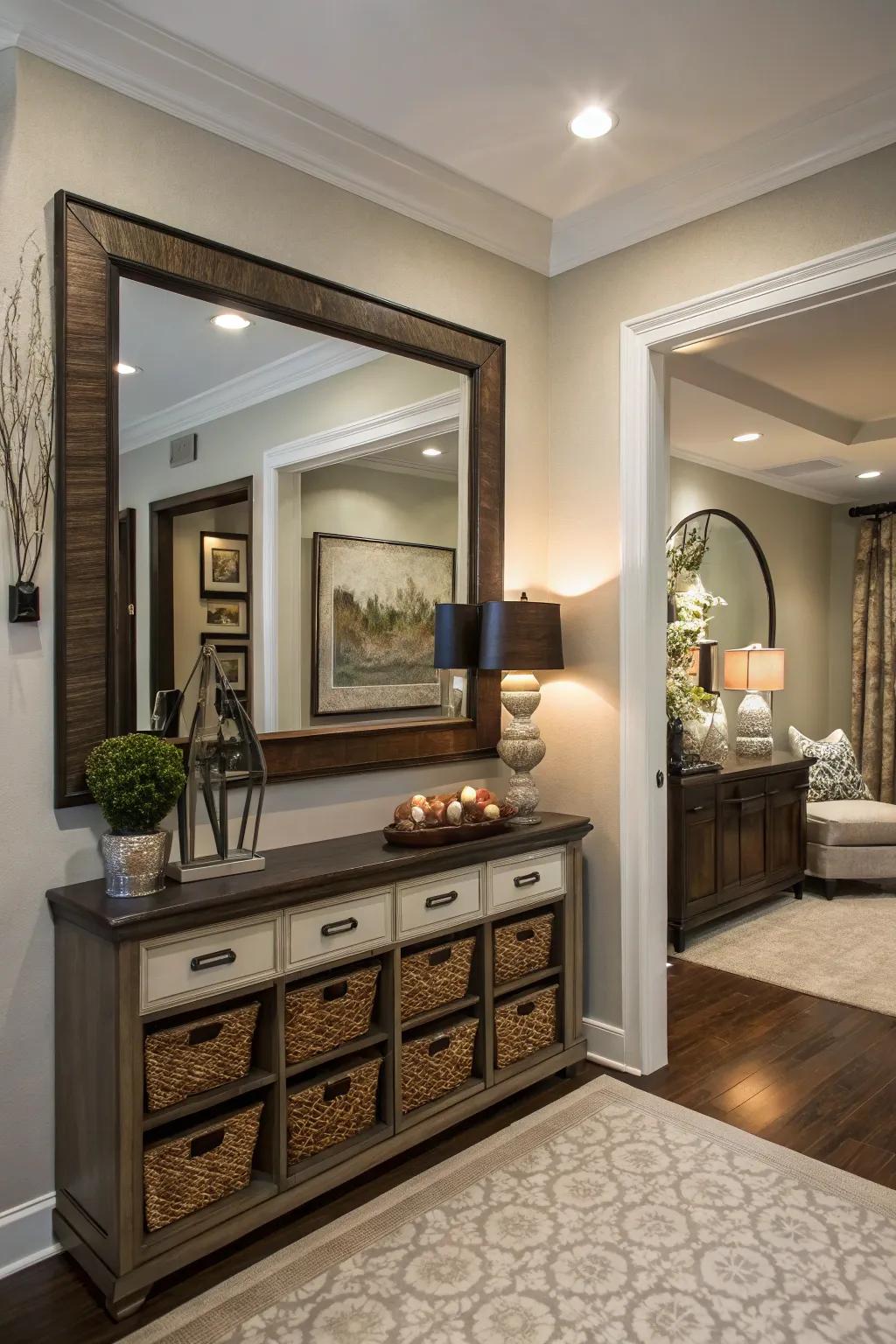 A hidden storage mirror offers a clever and stylish solution for small entryways.