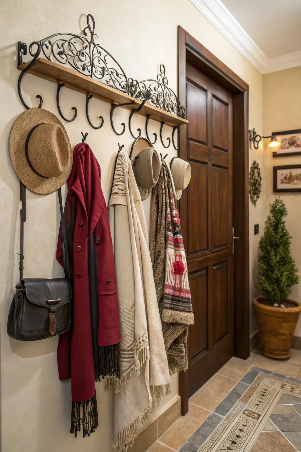 Decorative hooks combine functionality and style in the entryway.