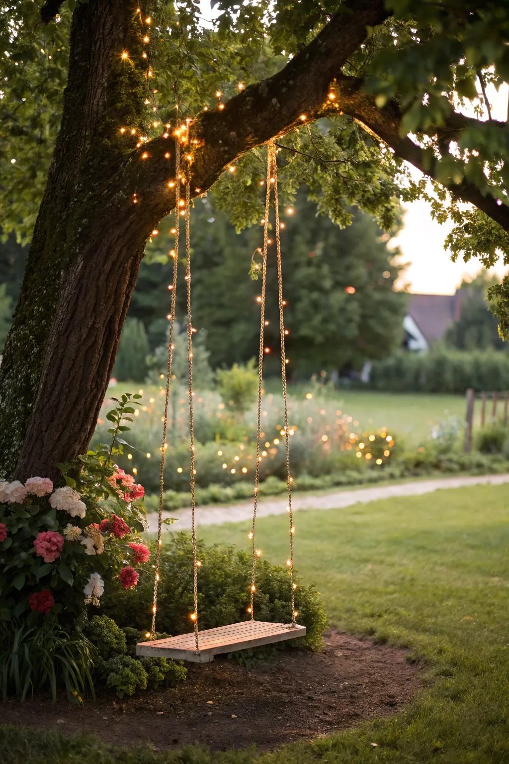 Swinging lights add playfulness and magic to your garden.