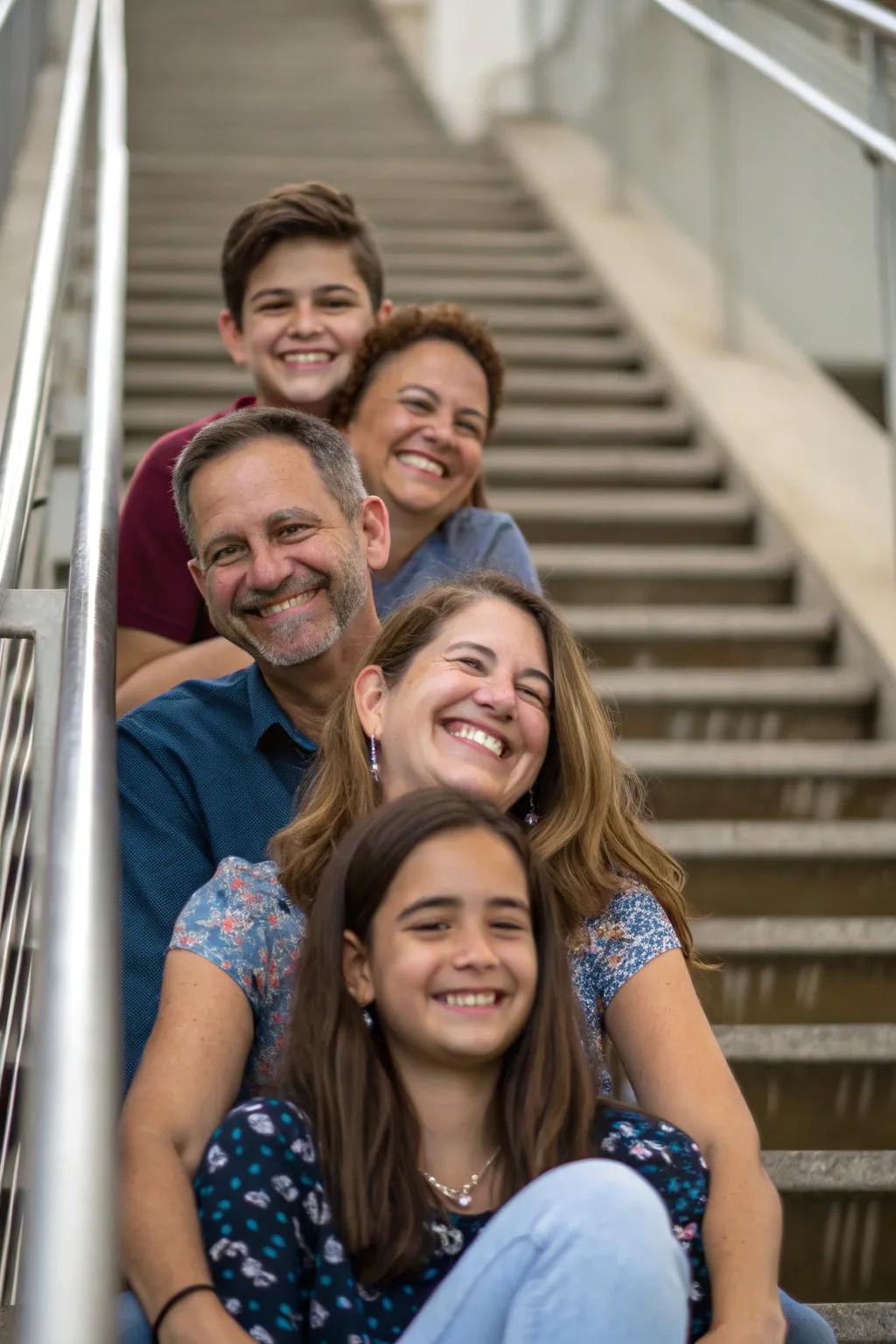 A staircase provides a creative backdrop for layered family portraits.