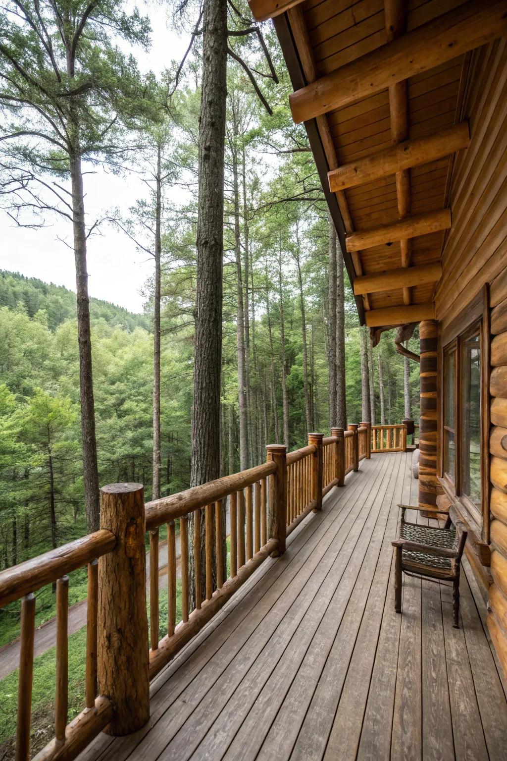 Woodland retreat: Log cabin style railings.