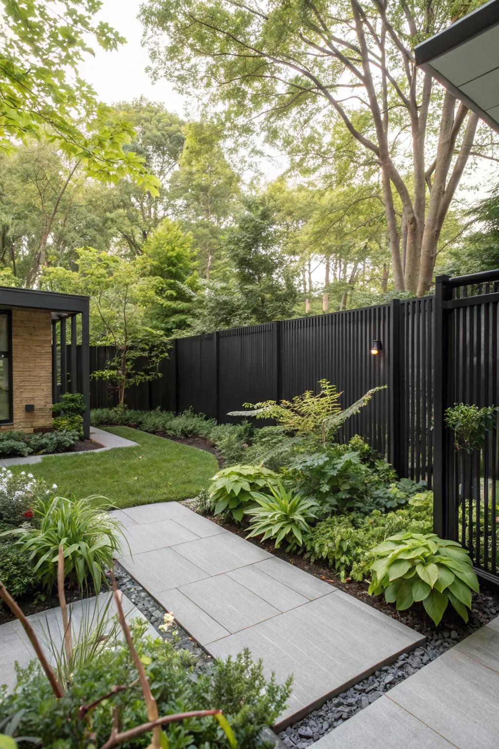 Bold black fencing creates a striking contrast with greenery.