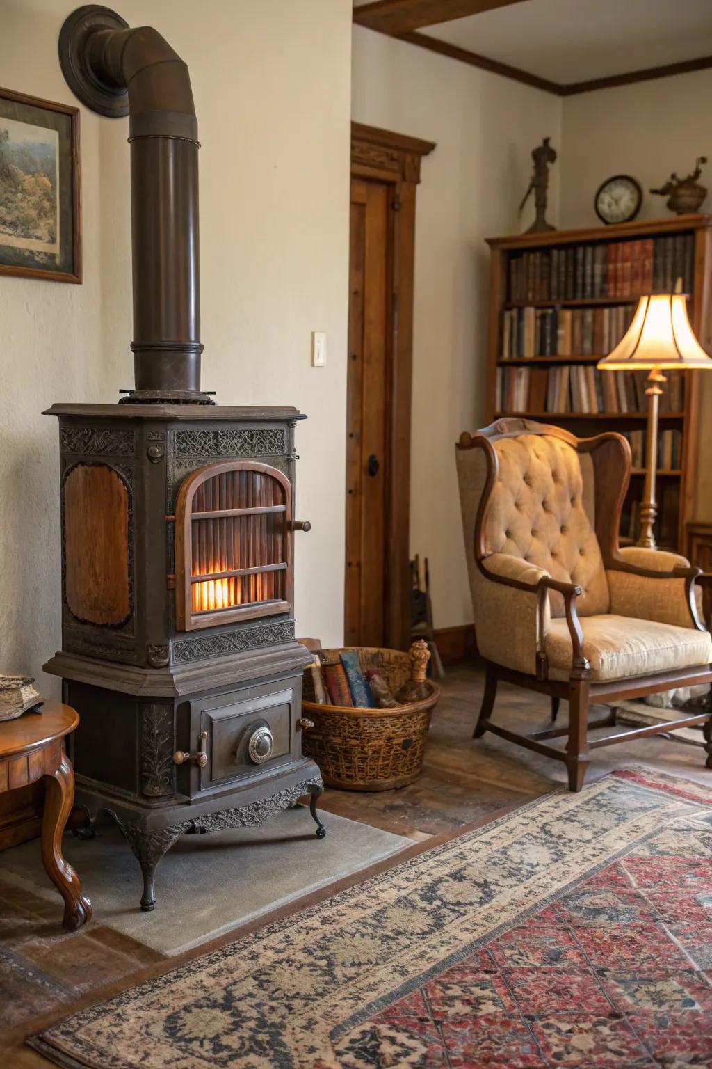 A vintage stove adds timeless elegance to the room.