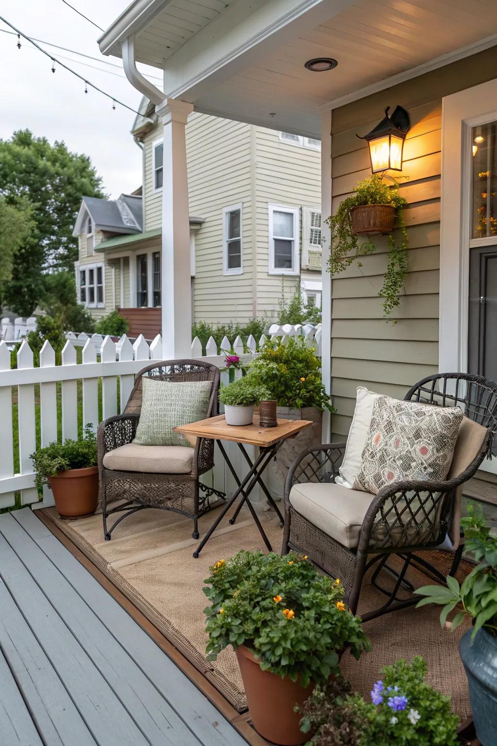 An intimate corner seating precinct graces a front porch with a petite bistro ensemble.